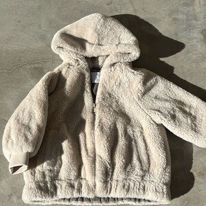 Cream Puffer Jacket with Soft Fluffy Texture and Full Zip Closure